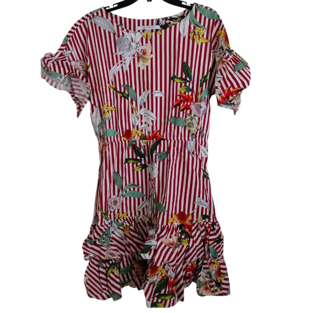 Julia Jordan red white striped floral dress ruffle hem size 12